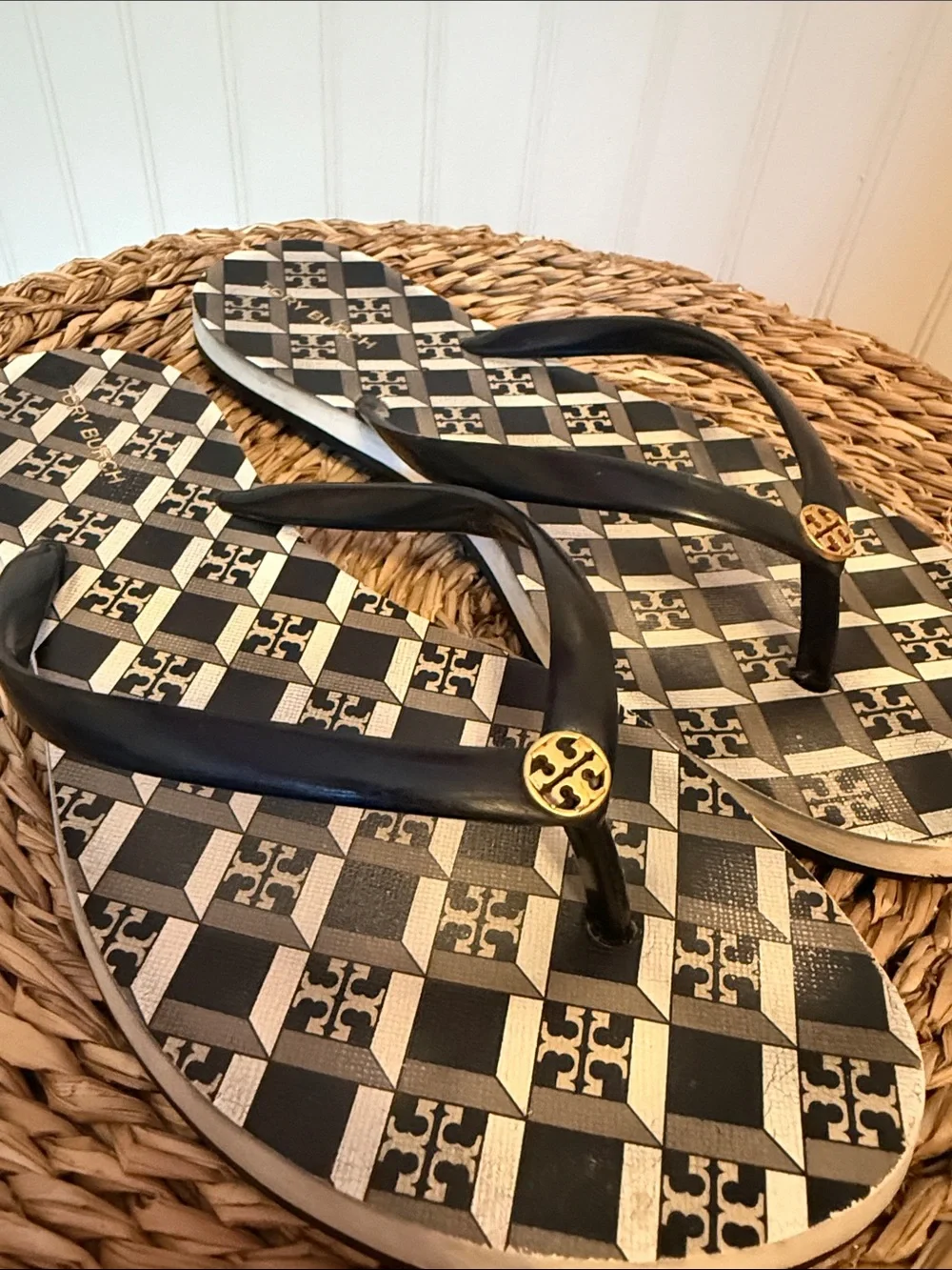 Tory Burch Black & White Logo Pattern Flip Flops